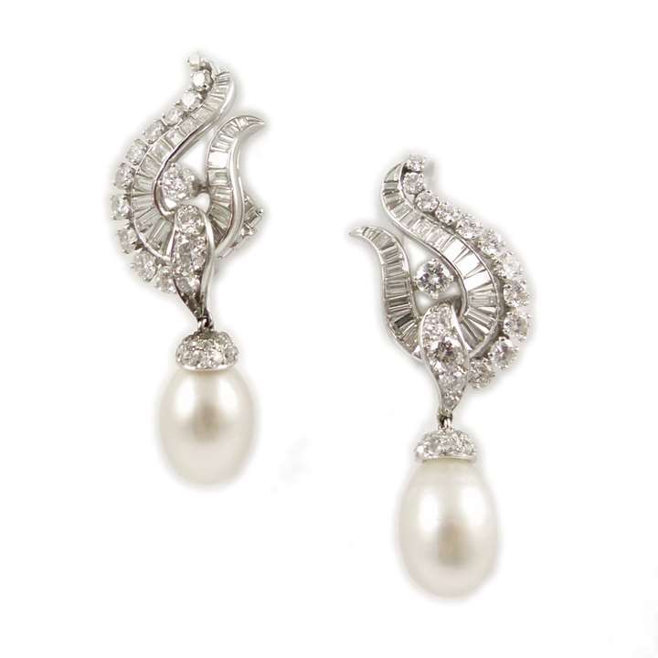 Pair of diamond cluster and natural pearl drop pendant earrings by Van Cleef & Arpels, New York, each hung with a white drop pearl 8.48ct & 7.66ct,